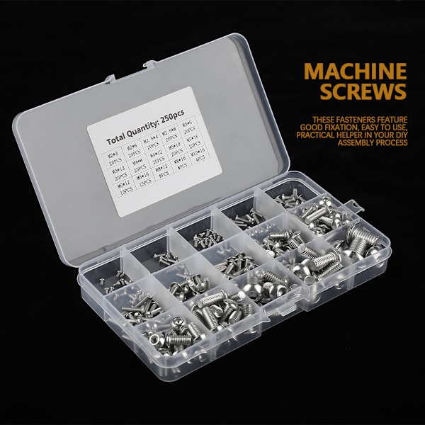 250st M2/ M2.5/ M3 /M4/ M5/ M6/ M8/ M10 maskinskruvset för bärbar dator/tangentbord/telefon/PC (sexskruvbult)