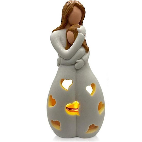 Resin Mom and Daughter Hug Candle Holder with LED Decoration