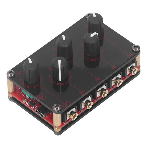 Mini Stereo Mixer 4 Indgange 1 Udgange 4 Kanaler Bærbar Stereo Linjemixer Kompakt Lydmixer til Studie Scene Små Klubber Bar 100 til 240V Rød EU Stik
