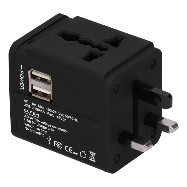 Verdensomspændende Rejseadapter Intelligent Strømkonverter Stik UK EU US JP AU CN USB Port 100‑240V Sort