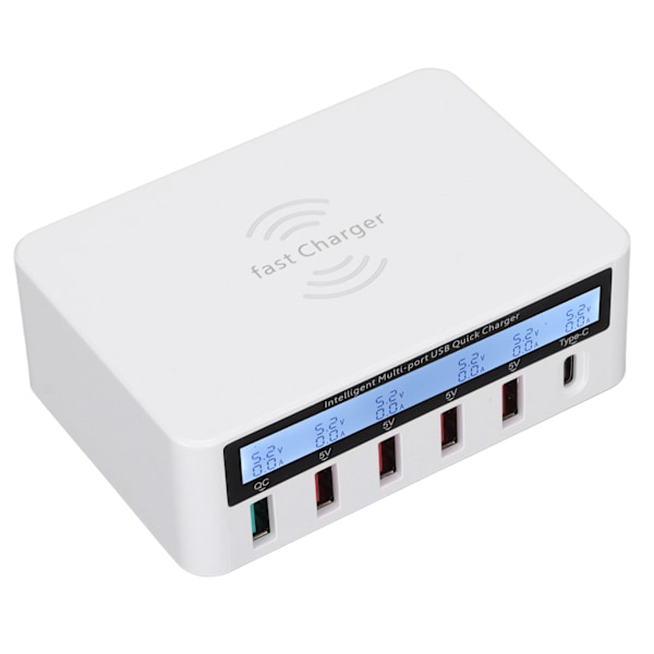 USB-telefonladerstasjon 40W 6-ports QC 3.0 Lading Hub Trådløs ladestasjon med LCD Display 100‑240V Hvit EU-kontakt