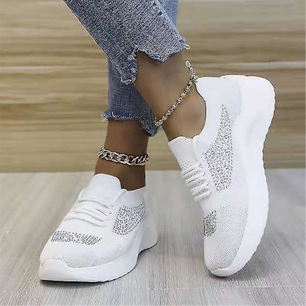 Rhinestone Mesh Lace-up Kvinders Atletiske Løbesko Hvid