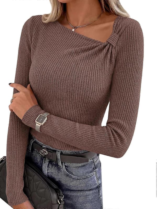 Asymmetrisk, vriden halsringning, ribbad stickad topp, brun L Brown L