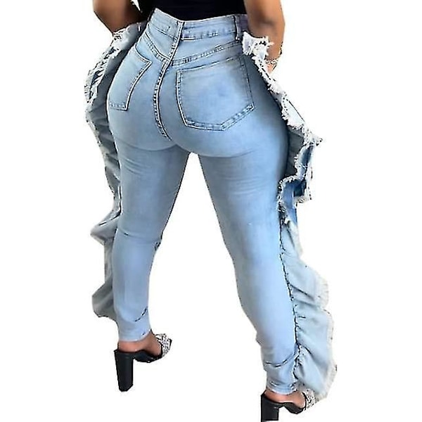 Højt taljede Ripped Hole Distressed Raw Hem Jeans til Kvinder, Lyseblå