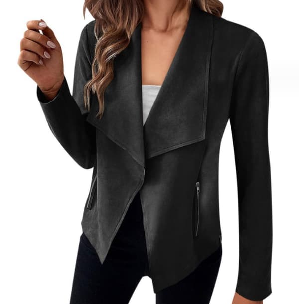 Women's Open Front Faux Suede Casual Blazer Long Sleeve Work Jacket black black S