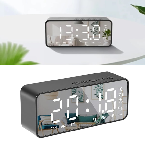 Intelligent digital display väckarklocka multifunktionell Bluetooth 5.0 spegelfinish smart högtalare för sovrum