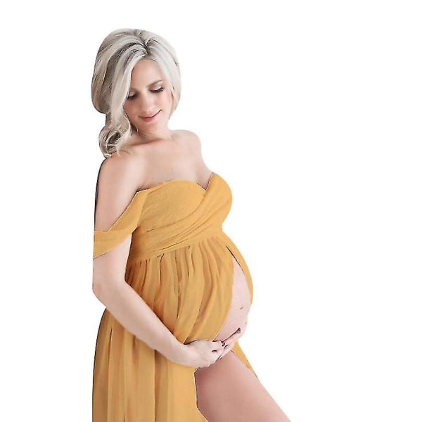 Kvinnors off-shulder långärmad gravidklänning för fotografering Gravidklänning för fotografering yellow S