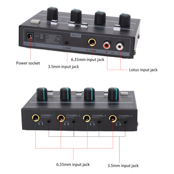 Hodetelefonforsterker 4-kanals metallstereo forsterker Mini øretelefonsplitter for studio og scene 100 til 240V EU-plugg