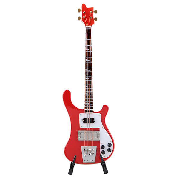 Röd miniatyr basgitarr replika med stativ och fodral Instrument Modell Ornament Julklapp