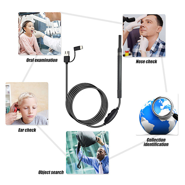 Digital Otoscope Camera Ultra Clear View 6 LED-lampor IP67 Vattentätt Ear Scope Endoskop för Android OTG Svart 5,5 mm