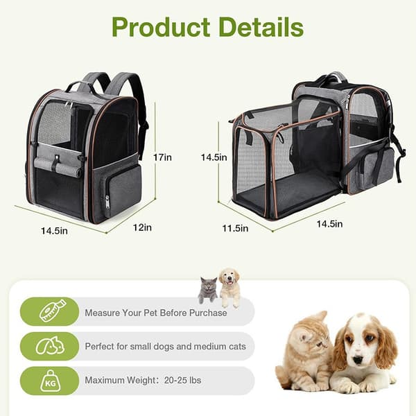 Large Cat Carrier Backpack Expandable - Pet Carrier Backpack Compatible with Small Dogs Medium Cats Fits Up To 11 kg, Grey