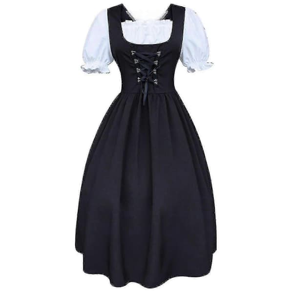 S-5xl Dame Midi Dirndl Kjole 2-dele Med Forklæde Og Bluse Sort Hvid S