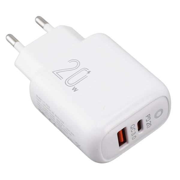 20W Telefonkontakt Strømadapter Dobbel Port PD Jack QC 3.0 Telefon Vegglader Kontakt for Smarttelefon EU 100-240V