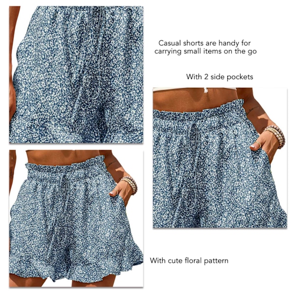 Shorts sommer trendy trykk Løse Casual Shorts med høy midje med belte for damer Blå M