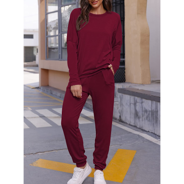 Dam 2-delad outfit Lös Stretchig Snygg långärmad tröja Byxa Höst Loungewear Pyjamasset Vinröd XL