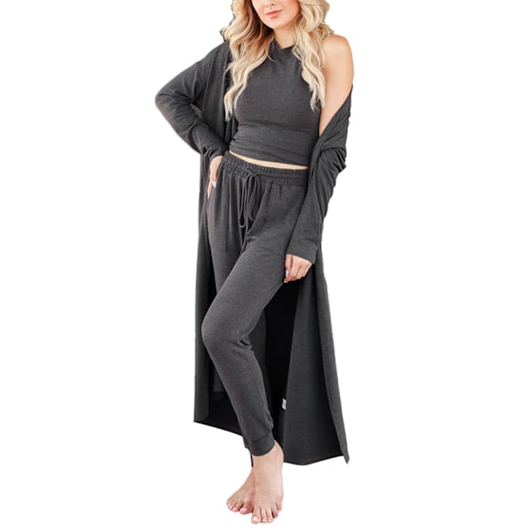Kvinnor Pyjamasset Höst Vinter Hem Kläder Set 3 delar Loungewear Set Väst Byxor Cardigan Set Grå L