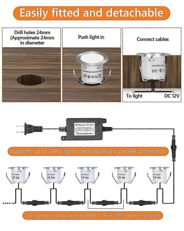 Infälld LED-däckbelysningskit (16-pack) 12V lågspänningslandskapsbelysning varmvit däckbelysning