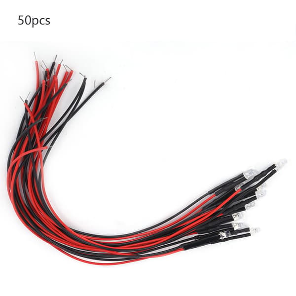 50 stk. 12V ferdigkablet LED-lysdiode 3 mm rundt hode lysperle flerfarget rask blinking