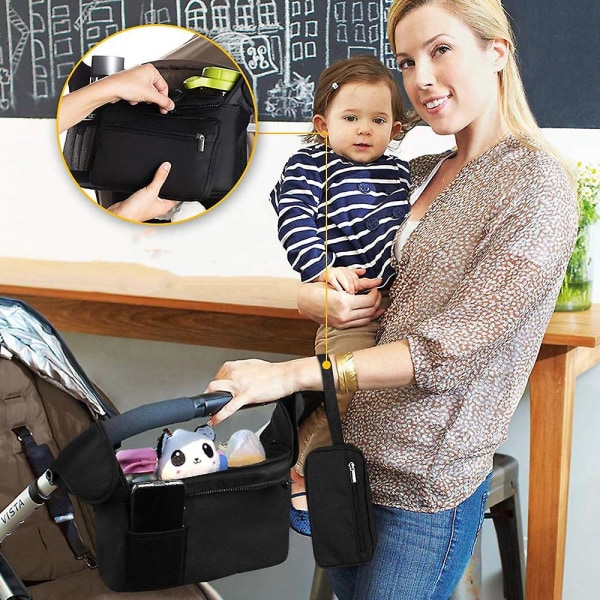 Lastenvaunujen organizer eristetyllä kupinpidikkeellä irrotettava laukku ja olkahihna, sopii useimpiin rattaiden tankoihin ja kahvoihin, kuten kevyisiin baby