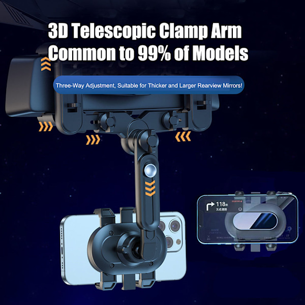 Bakspeilbiltelefonholder 360° Rotterbar og Inntrekkbar Justerbar Montert Multifunksjonell Universal Telefonholder for Alle Mobiltelefoner