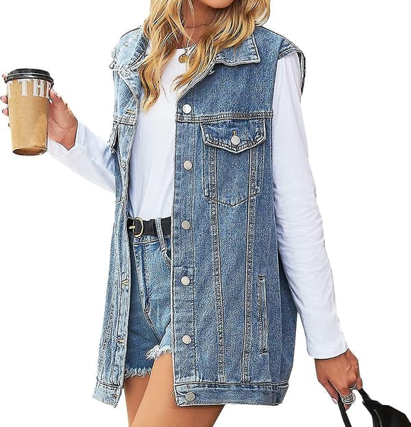 Damjeansjacka Ärmlös Jeansväst med knappar, mellanlång Blue Medium