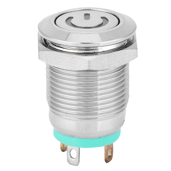 Grønt LED-lys fladt hoved selvtilbageførende metaltryknap med strømssymbol 12mm (12V)