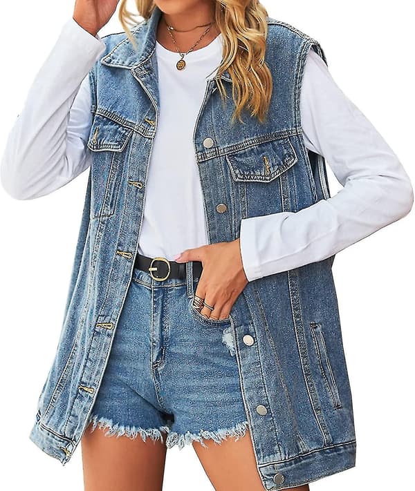 Damjeansjacka Ärmlös Jeansväst med knappar, mellanlång Blue Medium