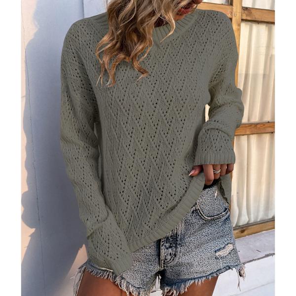 Kvinna Långärmade Virkade Tröjor Stickad Pullover Hollow Out Crewneck Topp för Dating Arbete Grön S