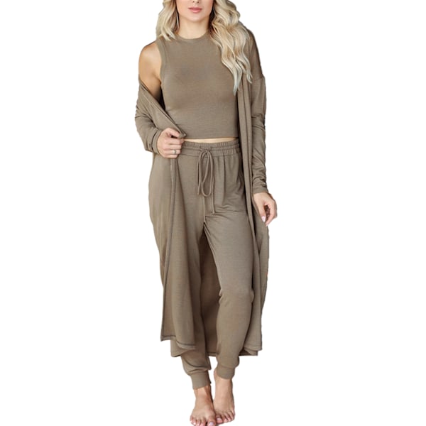 Kvinnor Pyjamas Set Höst Vinter Hem Kläder Set 3 delar Loungewear Set Väst Byxor Cardigan Set Khaki L