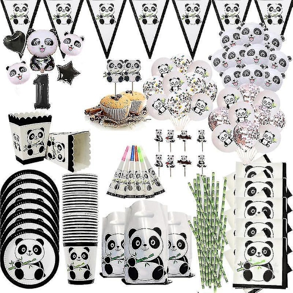 Panda Birthday Party Decor Set: Banner, Balloons, Cake Toppers, Gift Bags 10pcs straws