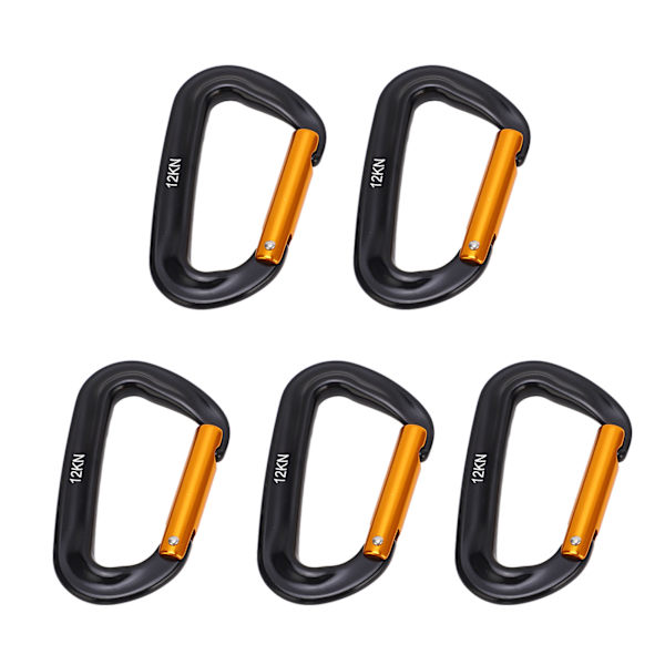 5 stk. Klatrekarabiner i Aluminium Legering 12KN (2697 Lbs) Heavy Duty D-Ring Karabiner Klips til Camping Vandreture Udendørs Sort Guld