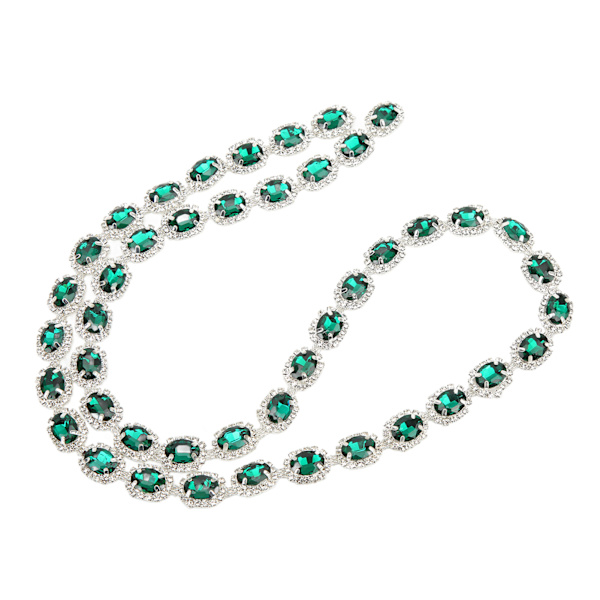 1 Yard Rhinestone Trim 1,5 cm Bredd Malakitgrön Oval Rhinestone Strip Klippbara handgjorda Strassklokedjor