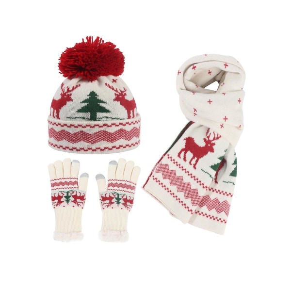Vinterstickad dammössa Beanie Scarf Handskar, varm julmössa som passar de flesta män och kvinnor White