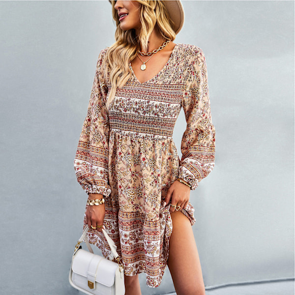 V-hals lang puffærmet kjole Kvinder Fashionable Elegant Stretch Rynket Blomsterkjole til Strandfest Khaki L
