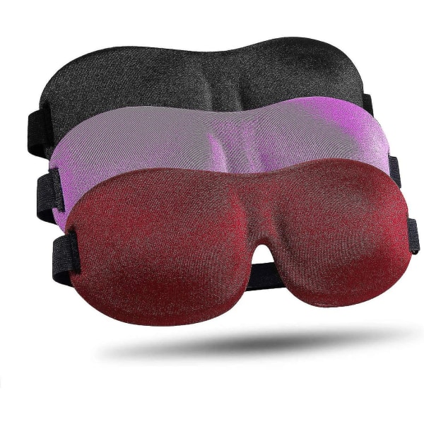 Sömnmask 3-pack, uppgraderad 3d konturformad 100 % mörkläggningsmask för att sova med justerbar rem, bekväm och mjuk nattbindning för kvinnor män, Black   Purple   Red