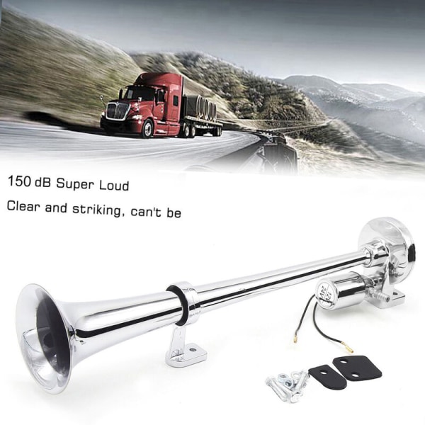 Elektrisk horn enkeltrørs trompet Krom lufthorn højttalersæt 150dB 12V/24V Universal til togvogn Model: Sølv 18