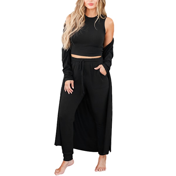 Kvinders Pyjamas Sæt Efterår Vinter Hjemtøj Sæt 3 Dele Loungewear Sæt Vest Bukser Cardigan Sæt Sort XL