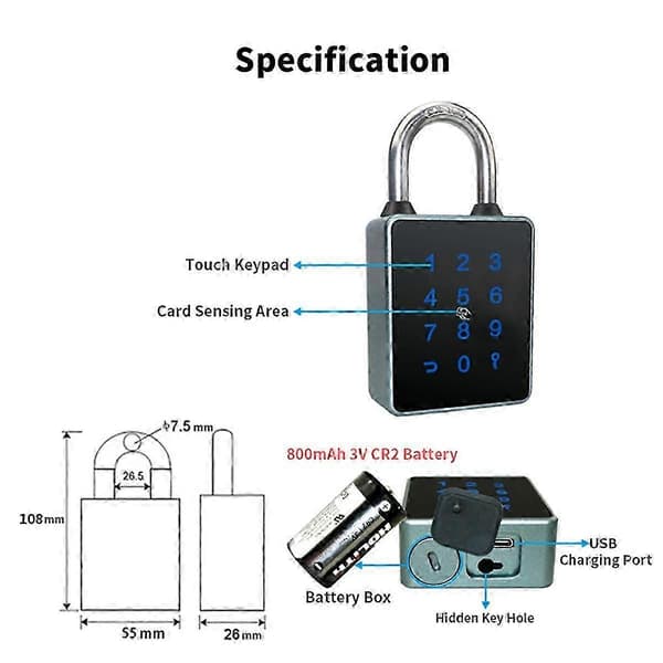 Elektronisk nøglefri hængelås med Bluetooth Smart Lock og berøringsskærm
