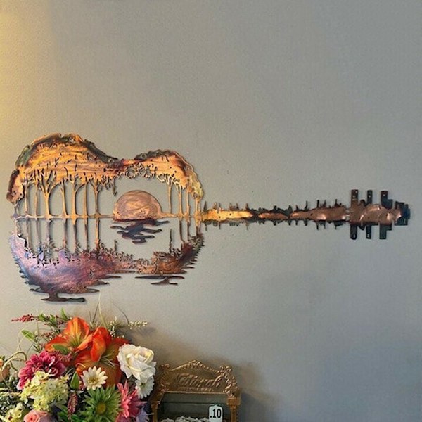Gitarr metall väggkonst Retro väggdekor hängande väggprydnad för inomhus utomhus kontor hem musik studio dekoration