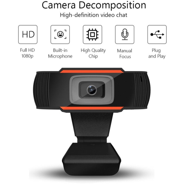 High Definition 1080p USB-webkamera datamaskinkamera med mikrofon for online direktestrømming av videosamtaler, konferanser, spill, modell: svart