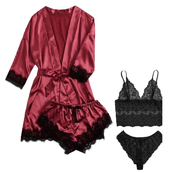 4st Kvinnor Satin Pyjamas Set Blommor Spets Trim Camisole Underkläder Sovkläder med Robe M Röd