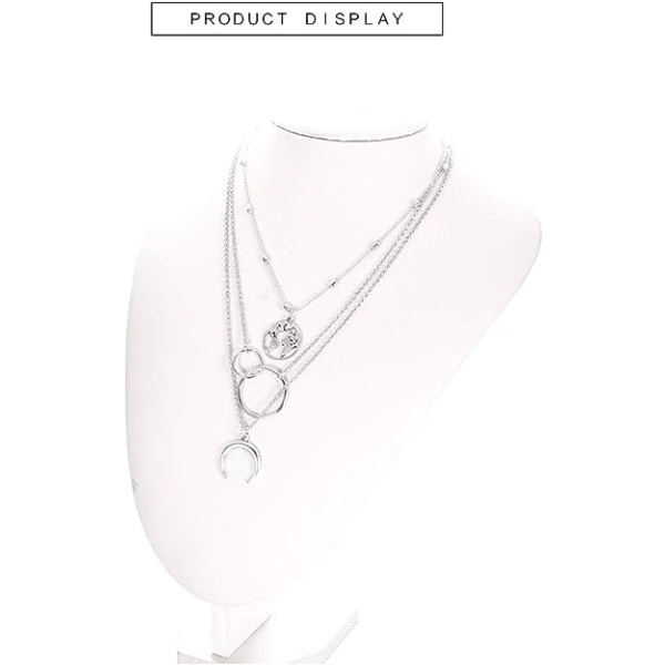 Flerlags halskjeder kart og dobbel halvmåne sirkel anheng Halskjede Kjede smykker for kvinner og jenter (sølv)