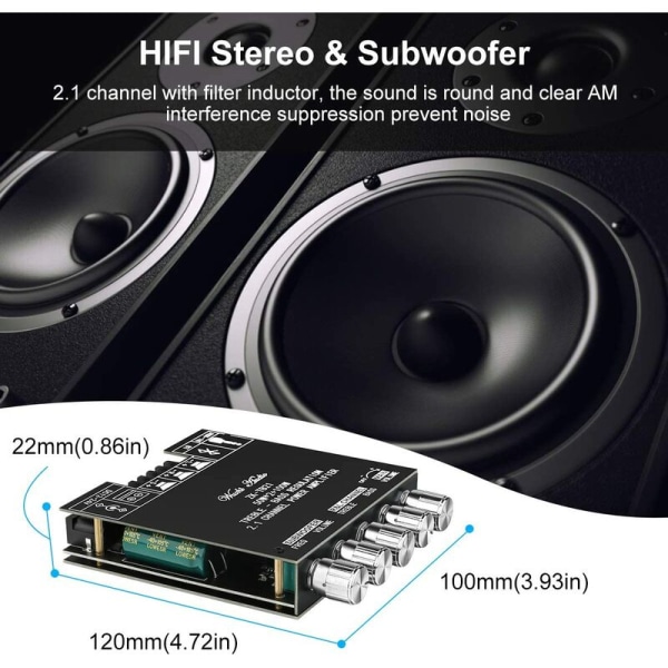 HiFi Stereo Bluetooth Forsterkerkort 2.1 2X50W+100W 12V-24V Lydeffektforsterkermodul Bas og Diskantkontroll，HANBING