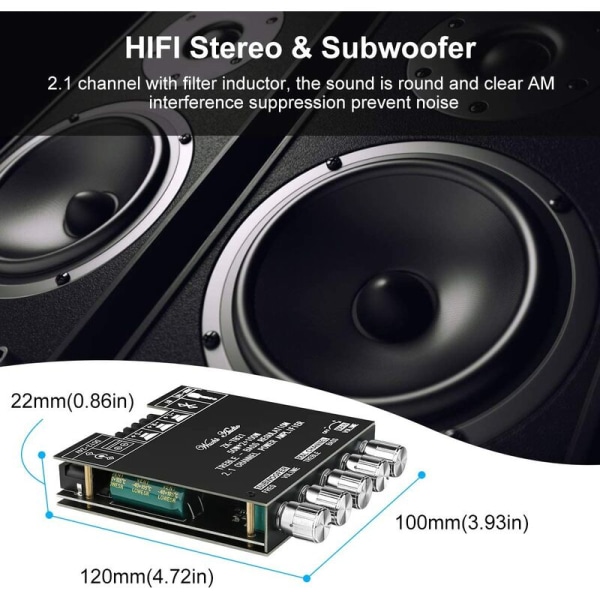 HiFi Stereo Bluetooth vahvistinkortti 2.1 2X50W+100W 12V-24V Audio power Bas and Diskantkontroll，HANBING