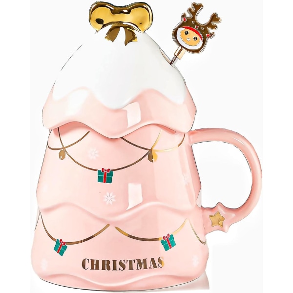 Keramisk julekrus med snølokk og rørepinne 17 Oz (500 ml) Juletreformet kopp Porselen Kaffe Melk Tekopper Kontor Unik gave til Chri Pink