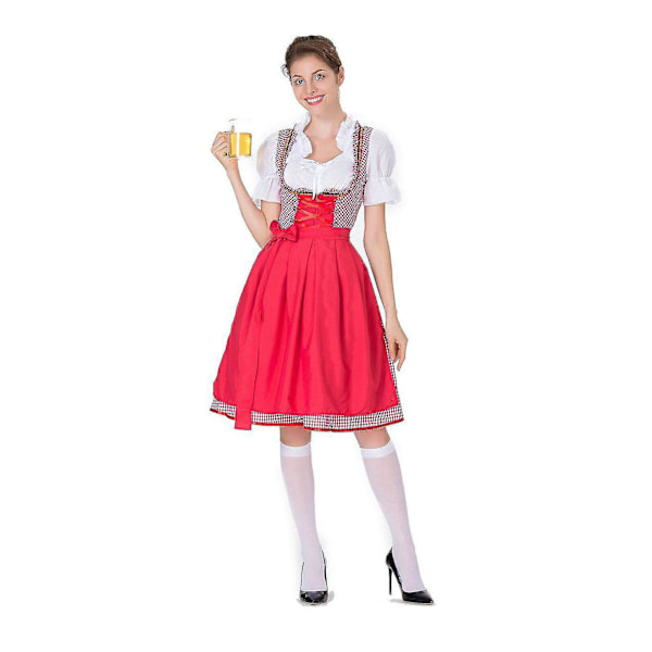 Oktoberfest Tysk Dirndl Kjole Kvinders Kostume Karneval Fest 3XL Rød