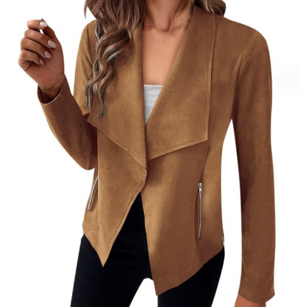 Women's Open Front Faux Suede Casual Blazer Long Sleeve Work Jacket brown brown L