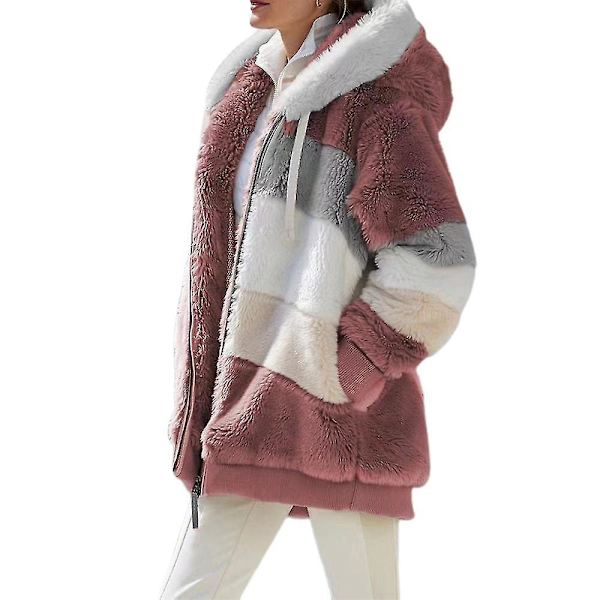 Rød Dame Colorblock Langærmet Hættetrøje Teddy Bear Fleece Vinterjakke