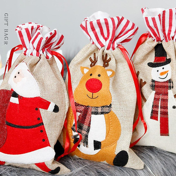 3-pack Christmas Rensdyr Julemand Snemand Julegavepose med snøre til julefestartikler