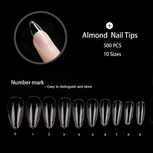 Almond Fake Nail Tips - Keskikokoiset mantelin muotoiset kirkkaat kynnet, koko cover